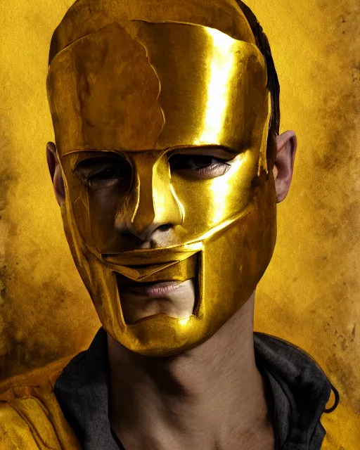 Image similar to watercolor painting portrait of man with a golden mask, photorealistic, shaded, cinematic lighting, high production value, intricate details, high resolution, hdr, high definition, masterpiece, realistic, ultrarealistic, highly detailed, hd, sharp focus, non blurry, sharp, smooth