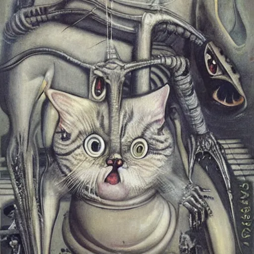 Prompt: painting by h. r. giger, cat going absolutely insane, freaking out, cat subject, psychopathic tendencies