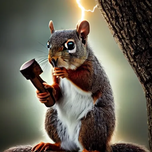 Prompt: a squirrel with thor outfit ~ holding his hammer ~ dramatic thunder background ~ trending ~