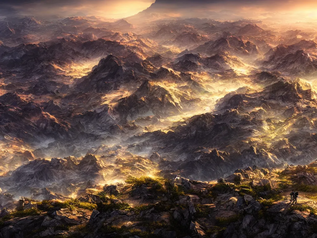 Image similar to epic view from a mountaintop, monumental mountains, digital painting, realistic render, 4k, 8k, photography, unreal engine, wallpaper, cinematic