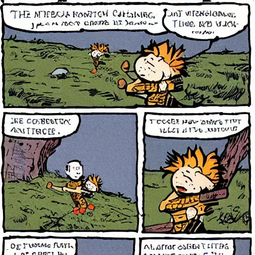 Image similar to John Calvin and Thomas Hobbes walking across a fallen log, cartoon, newspaper comic strip, by Bill Watterson.