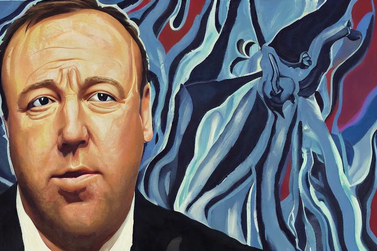 Prompt: abstract painting of alex jones looking worried as his life collapses into the lovecraftian void around him