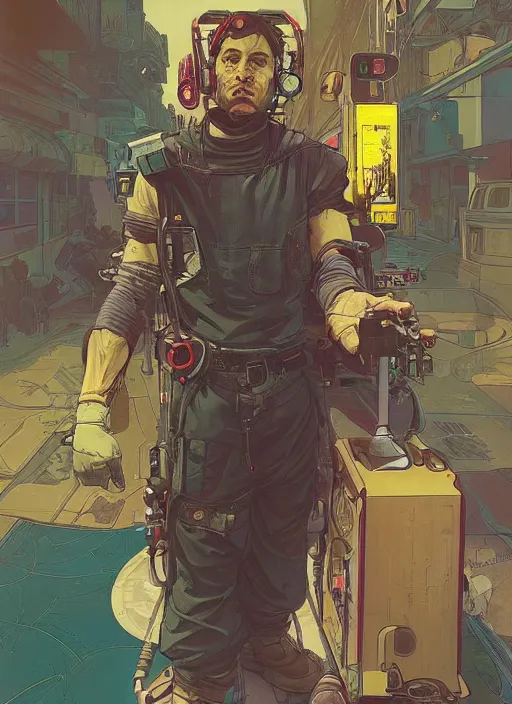 Prompt: cyberpunk fruit salesman. portrait by ashley wood and alphonse mucha and laurie greasley and josan gonzalez and james gurney. spliner cell, apex legends, rb 6 s, hl 2, d & d, cyberpunk 2 0 7 7. realistic face. vivid color. dystopian setting.
