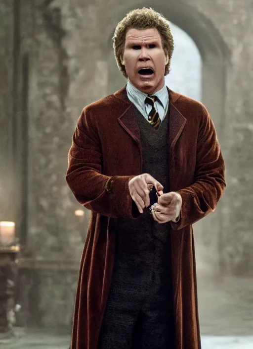 Prompt: will ferrell in harry potter, movie still frame, cinematic, 4 k