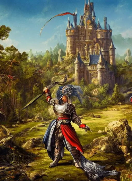 Image similar to huge and intricate castle in background, sword stuck in the dirt in the foreground, fantasy painting, realistic