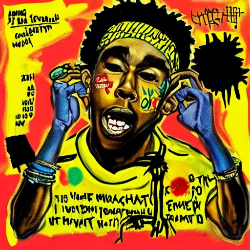 Image similar to tyler the creator album cover in the style of jean michel-basquiat