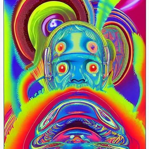 Prompt: a third eye is exploding open:: beautiful plumes of technicolor noise erupt from his head:: hypermaximalism, trippy visuals, lsd, dmt, psychedelic pop art poster:: peter max, james jean