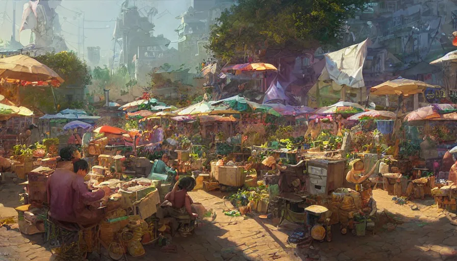 Image similar to craig mullins and ghibli digital illustration of solarpunk farmers market, festival, colorful, unreal engine, hyper realism, realistic shading, cinematic composition, realistic render, octane render, detailed textures, photorealistic, wide shot