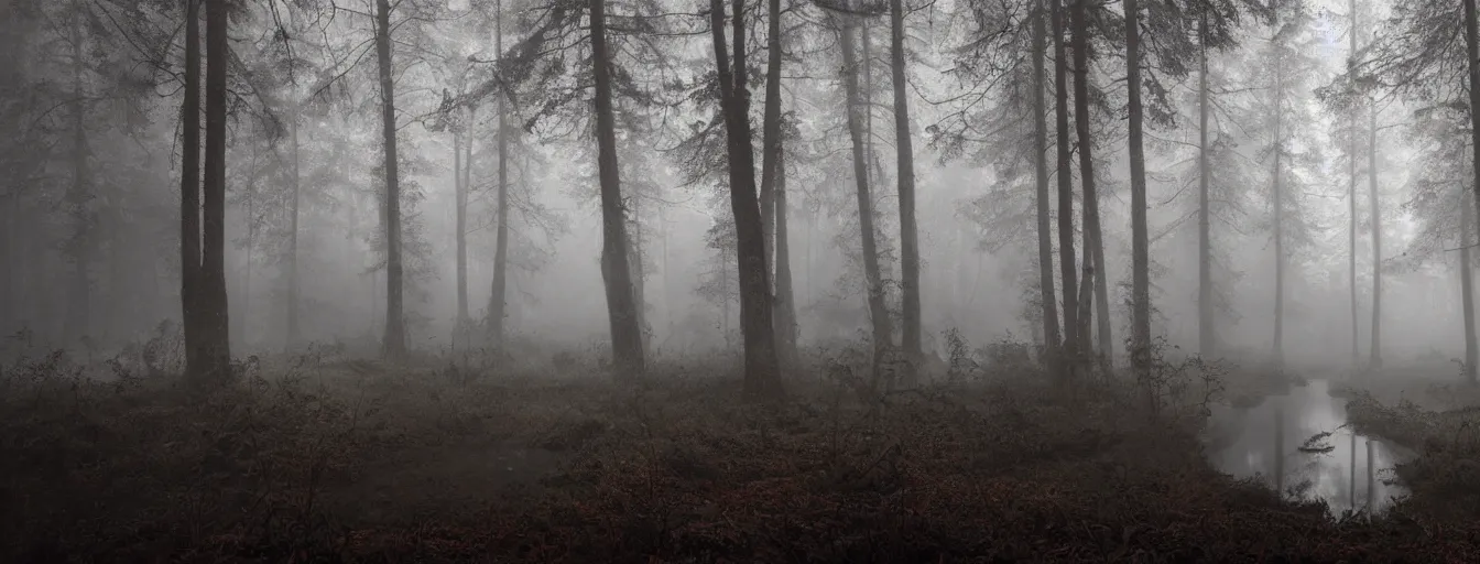 Image similar to creepy rusty bots searching for remaining humans in dark foggy old forest in the night with, postapo style, heavy rain, reflections, high detail, dramatic moment, motion blur, dense ground fog, dark atmosphere, saturated colors, by darek zabrocki, render in unreal engine - h 7 0 4