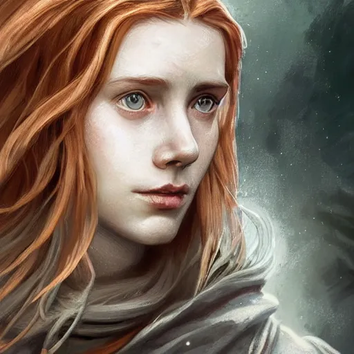 Image similar to epic portrait, an female viking medic, glossy lips, pretty, long ginger hair, puppy eyes, digital painting, artstation, concept art, soft light, hdri, smooth, sharp focus, illustration, fantasy, intricate, elegant, highly detailed, D&D, matte painting, in the style of Greg Rutkowski and Alphonse Mucha and artemisia, 8k,