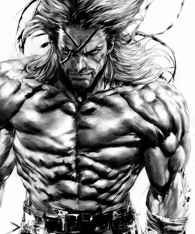 Prompt: ship captain man with sharp features, stunning eyes, and long silver hair that spikes upward in two large prongs, lean muscular build, collaborative artwork by greg ruthowski, yoshikata amano, yoji shinkawa!!, artstation, highly detailed, clear face