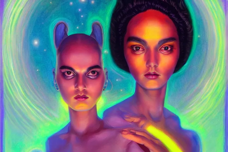 Image similar to patron saint of 🛸🌈👩🏾, futuristic clothing, neon god of city character portrait, in the style of margaret keane, moebius, tom bagshaw, and waterhouse, cinematic lighting, beautiful, elegant, oil painting,