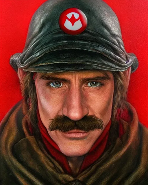 Image similar to portrait of super mario in lord of the rings, red cap, beautiful, very detailed, hyperrealistic, medium shot, very detailed painting by Glenn Fabry, by Joao Ruas