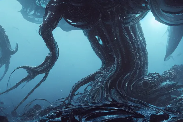 Image similar to dark underwater alien ocean, squidlike aliens, hyper realistic, ambient lighting, concept art, intricate, hyper detailed, smooth, dynamic volumetric lighting, octane, raytrace, cinematic, high quality, high resolution, 4 k, cgsociety, moebius, giger