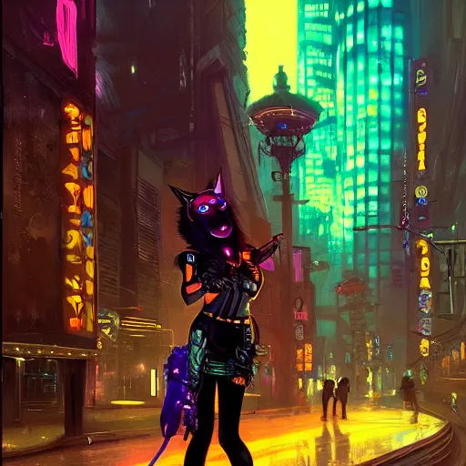 Prompt: female anthropomorphic coyote character wearing black cyberpunk skater clothes with neon highlights in a cyberpunk city at night. Renowned character illustration by greg rutkowski, thomas kindkade, alphonse mucha, loish, norman rockwell. Trending on artstation. Furry art. 4k.