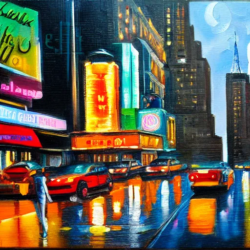 Prompt: oil painting of new york city, street view, night, glow of neon lights.