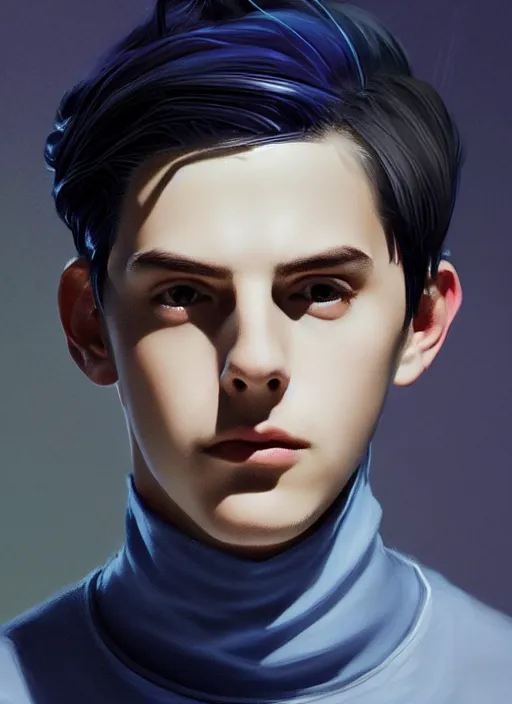 Image similar to portrait of teenage jughead jones wearing a light grey crown, crown, blue turtleneck, closed eyes, photorealistic, black hair, glowing lighting, intricate, elegant, glowing lights, highly detailed, digital painting, artstation, concept art, smooth, sharp focus, illustration, art by wlop, mars ravelo and greg rutkowski