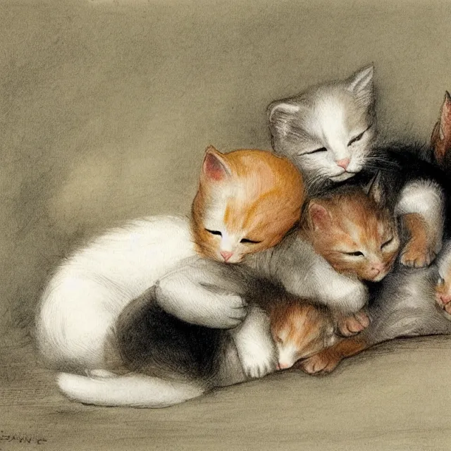 Prompt: final fantsy Four kittens lined up to sleep on the arm of a sleeping girl by Edward Lear