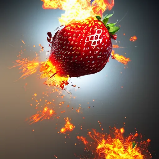 Prompt: exploding strawberry, octane render, highly detailed fire, highly detailed explosion, white background, ue 5, big explosion, realistic colors, realistic shadows, realistic reflections