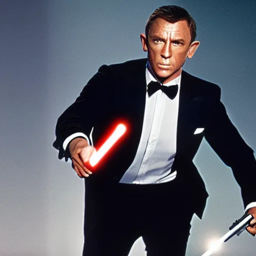 Image similar to James Bond with a Light Saber. Picture taken for time Magazine. 4k. UHD.