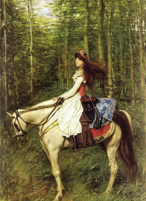 Image similar to a princess with long hair and a tall cone hat riding on a robotic horse in a lush forest, oil painting by john everett millais
