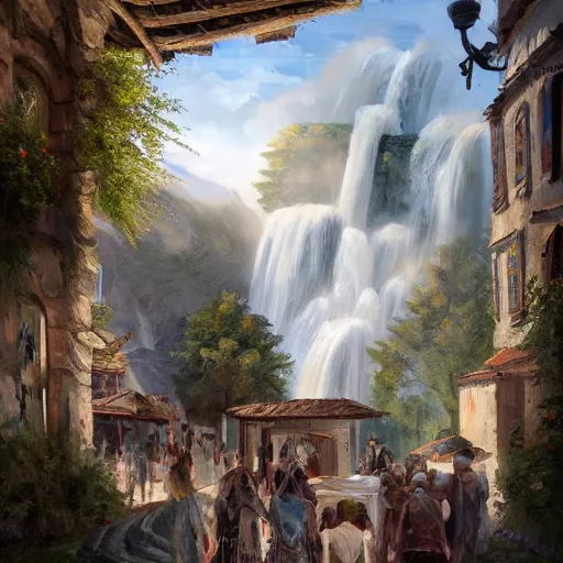 Image similar to a painting of a serbian village with a procession, open windows, chandelier, pillars of marble, waterfalls, fantasy art by JohannesVoss, Aleksi Briclot, Eric Deschamps, trending on artstation