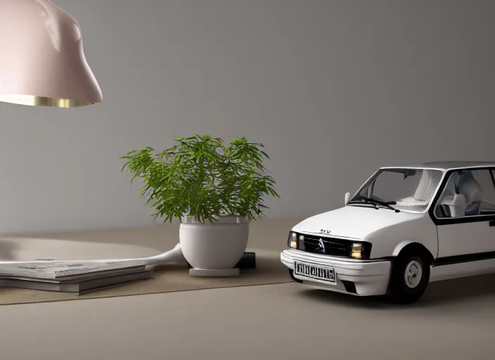 Prompt: a small miniature of a Peugeot 309 1992 on a white table near a book and a vase with a plant, 3d render, octane render, unreal engine 5, path tracing, serene landscape, calm, relaxing, beautiful landscape, highly detailed, high quality, 4k, symmetrical, low contrast, centered