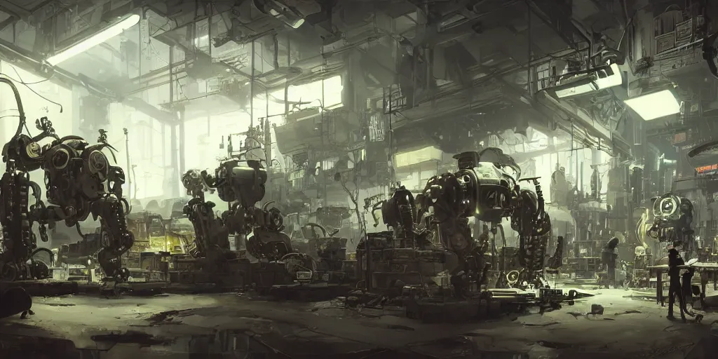 Image similar to concept art, realistic dieselpunk robot repair workshop, neon glow, volumetric lighting, strong shadows, reflections, high contrast, glowing robot motifs, octane render, curves, bladerunner, loish, syd mead, akihiko yoshida, cinematic