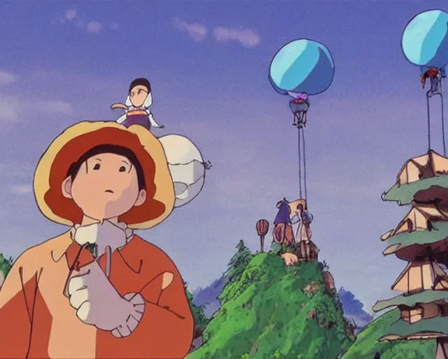 Image similar to mountain overseeing clown village next to a balloon forest, studio ghibli style, hayao miyazaki