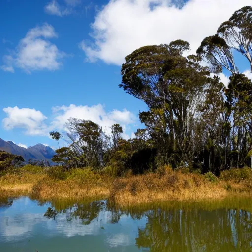 Prompt: an expansive new zealand swamp