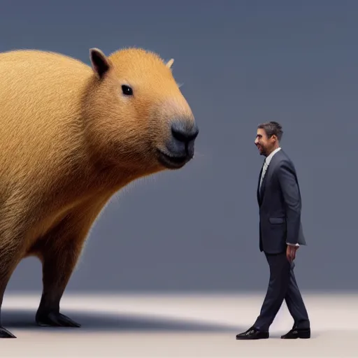 Image similar to a high quality photo of an antropomorphic capybara wearing a suit, 3d scene, render, ultra realistic, zenith view, Greg Rutkowski, artstation, cgsociety, unreal engine