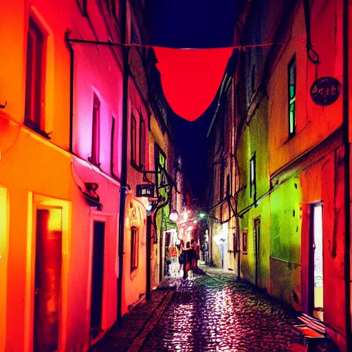 Image similar to Narrow polish street full of colorful vintage neons, crowd of partying people, late evening, 35mm f2.8, focus on the neons, full frame, film photography