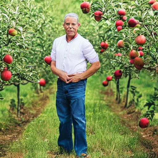 Prompt: portrait of a middle aged man, pointed ears, standing in an apple orchard, dressed well, very handsome