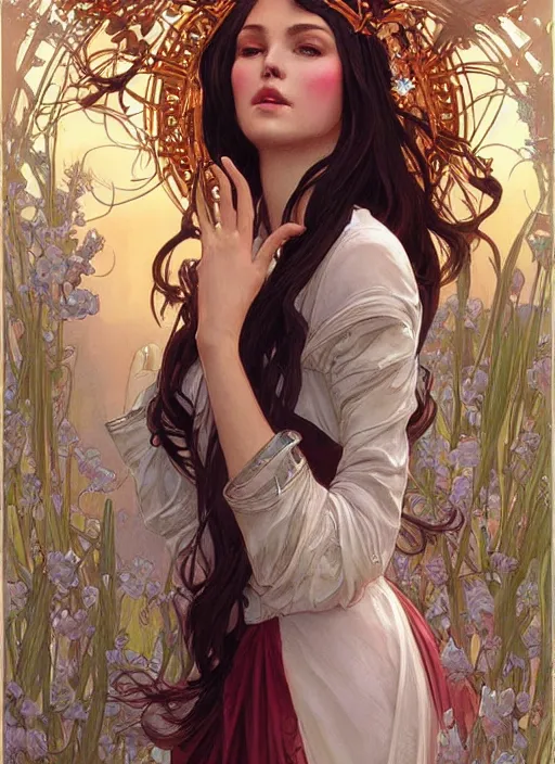 Image similar to queen, dainty wilder face, incredibly detailed face, pretty face, light dress, true anatomy, art by artgerm and greg rutkowski and alphonse mucha