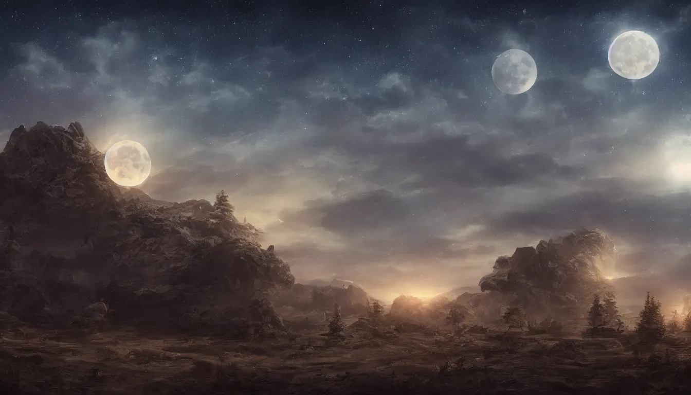 Image similar to a beautiful landscape at dusk, big moon and stars in the sky, matte painting, concept art, 4k