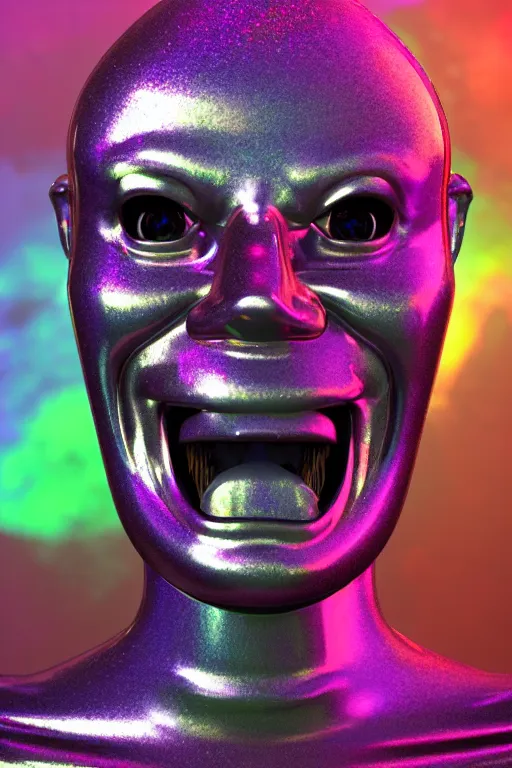 Image similar to 3d render of holographic angry human robotic screaming angry bust made of glossy iridescent, screaming, bust, surrealistic 3d illustration of a human non-binary, non binary model, 3d model human, cryengine, made of holographic texture, holographic material, holographic rainbow, concept of cyborg and artificial intelligence
