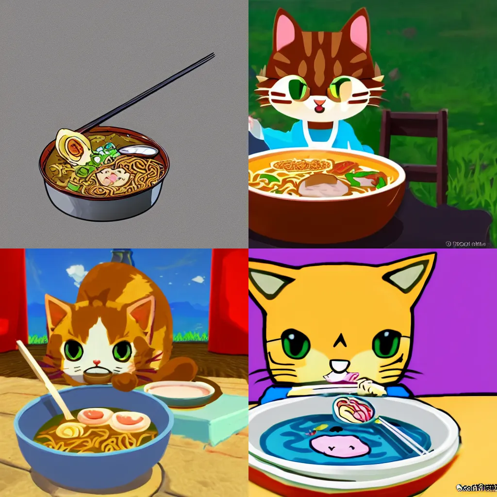 Prompt: Cute kawaii cat eating a bowl of ramen in The Legend of Zelda Breath of the Wild, toon shading, npr, portrait, no background