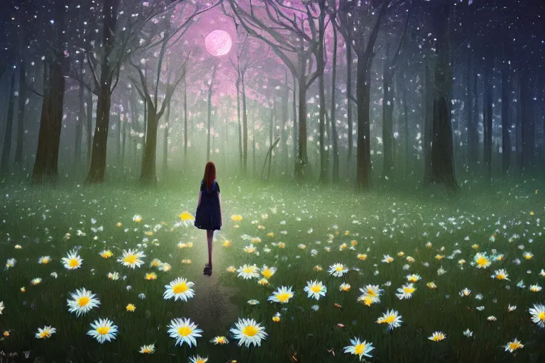 Image similar to giant bunch of daisy flowers head, girl walking in dark forest, surreal photography, dark night, stars, moon light, impressionist painting, clouds, digital painting, artstation, simon stalenhag