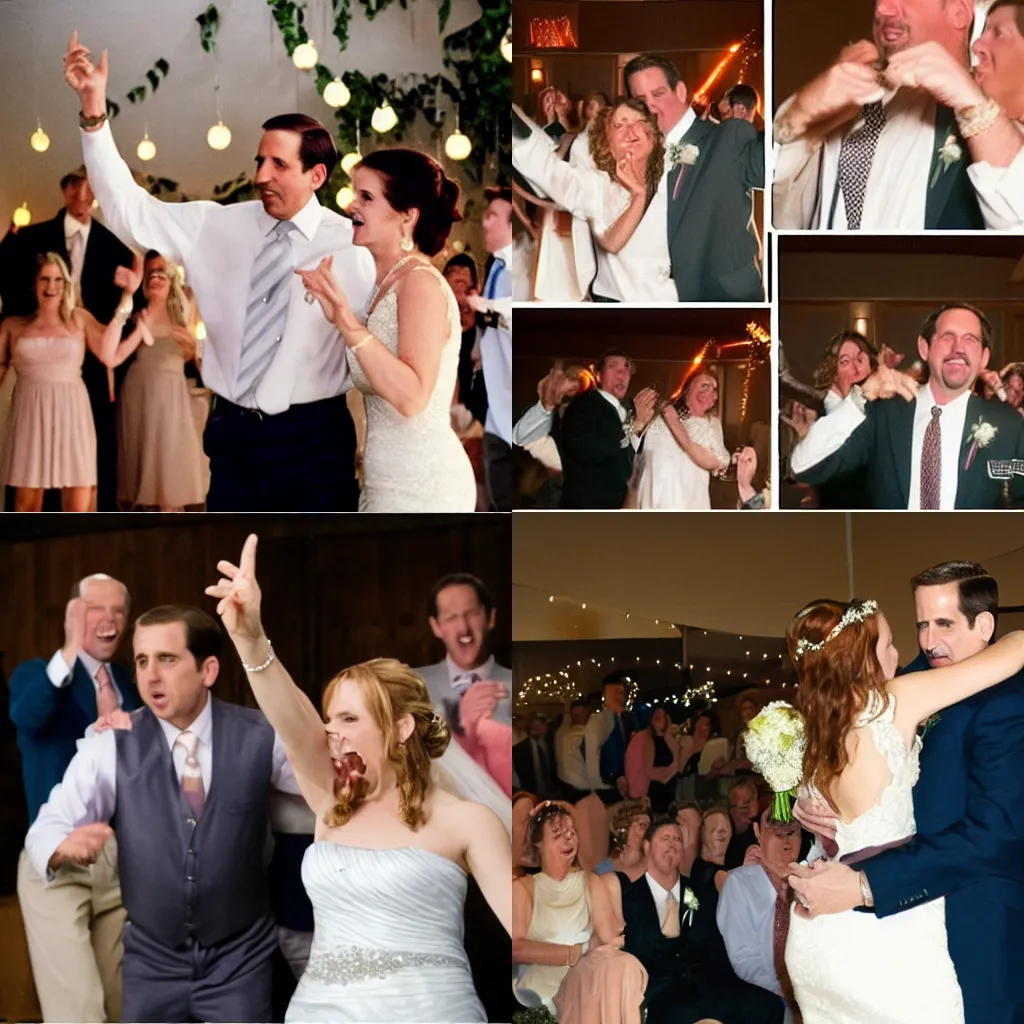 Prompt: Michael Scott dancing at Jim and Pam’s wedding. Award winning photography.