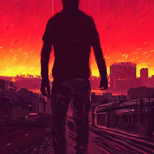 Prompt: teen boy, apocalyptic city in the background, apocalypse, highly detailed, artstation, by alena aenami
