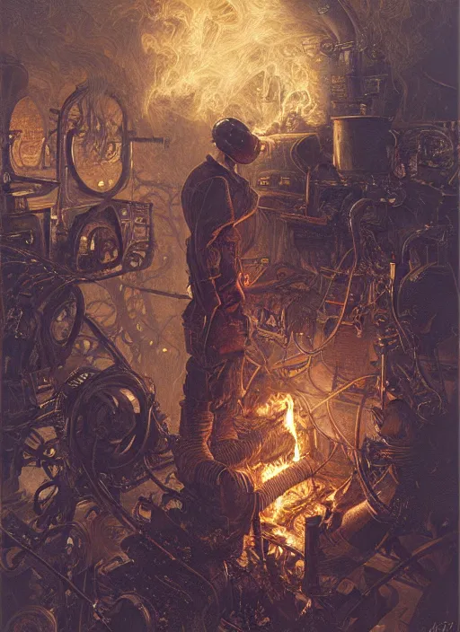 Prompt: A telemarketer made from fire and thick steam, torch shadows, foggy night, intricate, elegant, highly detailed, donato giancola, Joseph Christian Leyendecker, WLOP, Boris Vallejo, Artgerm