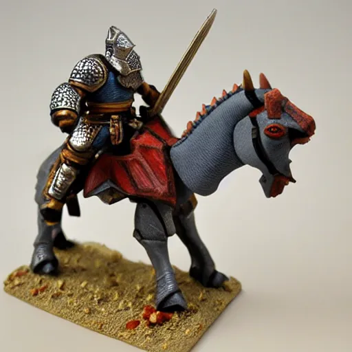 Image similar to D&D, high detail, miniature of medieval knight riding a dinosaur, heavy cavalry, Asgard rising, MyMiniFactory, 28mm scale