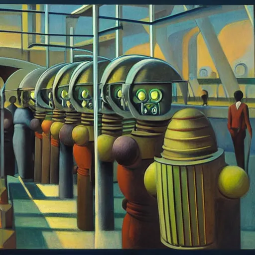 Prompt: brutalist robots queue inside a dome, pj crook, grant wood, edward hopper, syd mead, chiaroscuro, oil on canvas