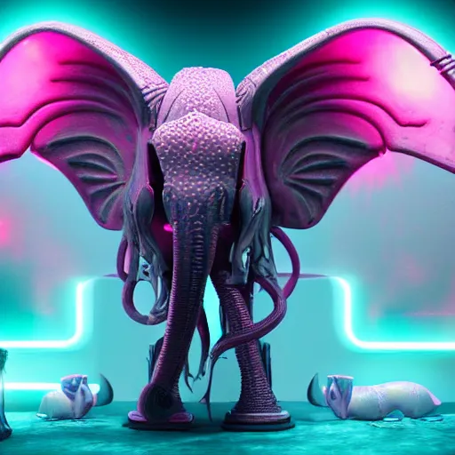 Image similar to a realistic antropomorphic pink elephant dressing necromancer clothes sited in a xenomorphic throne with glow neon eyes, finely detailed, 4 k, photorealistic, cycles engine,