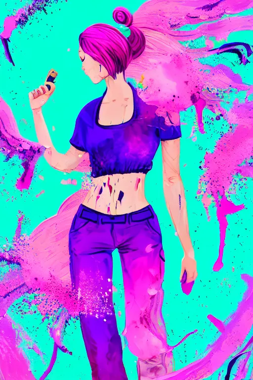 Image similar to a award winning half body portrait of a beautiful woman in a croptop and cargo pants with ombre purple pink teal hairstyle with head in motion and hair flying by wlop, paint splashes, splatter, outrun, vaporware, shaded flat illustration, digital art, trending on artstation, highly detailed, fine detail, intricate