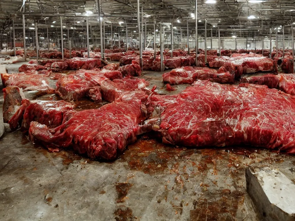 Image similar to shiny slab of beef being eaten by flies, warehouse, slaughterhouse, nightmare, horror,