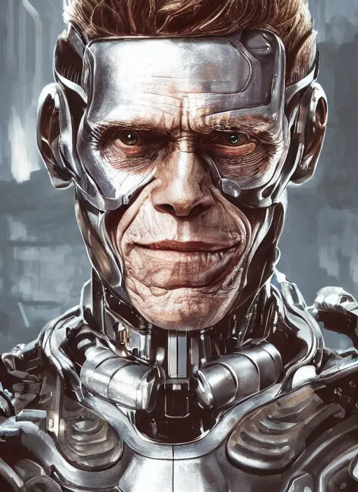 Image similar to portrait of willem dafoe as tinman, cyborg, borg, android, strogg, face of a man, robocop, cable, victor stone, ultron, terminator, machine, flesh, quake, doom demon, wolfenstein, monster, symmetry, symmetrical, concept art by ruan jia and greg rutkowski