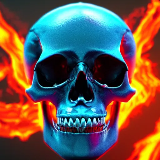 Image similar to a highly detailed human skull with intricate designs with fire for eyes on fire in front of a neon blue background, 3 d, colorful, octane render, symmetrical, hyper realism, highly detailed, digital art, artstation, concept art, cinematic lighting, strong bokeh, trending