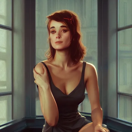 Image similar to holly golightly in printworks, anatomy, bathed in light, highly detailed, photorealistic, artstation, smooth, sharp focus, illustration, unreal engine 5, 8 k, art by artgerm and greg rutkowski and edgar maxence