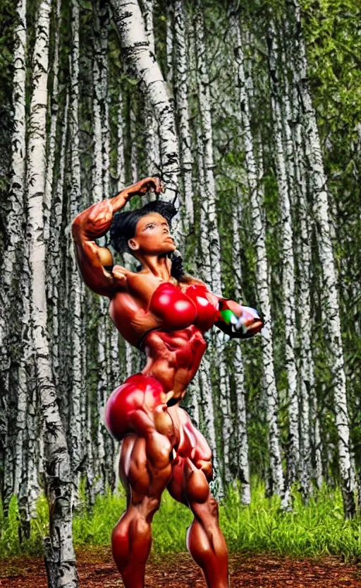 Image similar to photo of superbodybuilder woman posing standing with back in birch forest in jeff koons hip hop bauhaus style, beautiful detailed face, ultra realistic, concept art, intricate details, serious, highly detailed, photorealistic, octane render, 8 k, unreal engine, natural light, art by todd mcfarlane